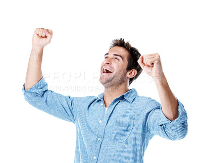 Buy stock photo Excited, success and man in studio with fist pump, celebration and reaction for winning lottery. Shout, happy and person with gesture for good news, giveaway and reward for bonus on white background