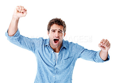Buy stock photo Shout, portrait and man in studio with fist pump, celebration and excited for lottery success. Space, happy and person with gesture for winning, giveaway and reward for bonus on white background