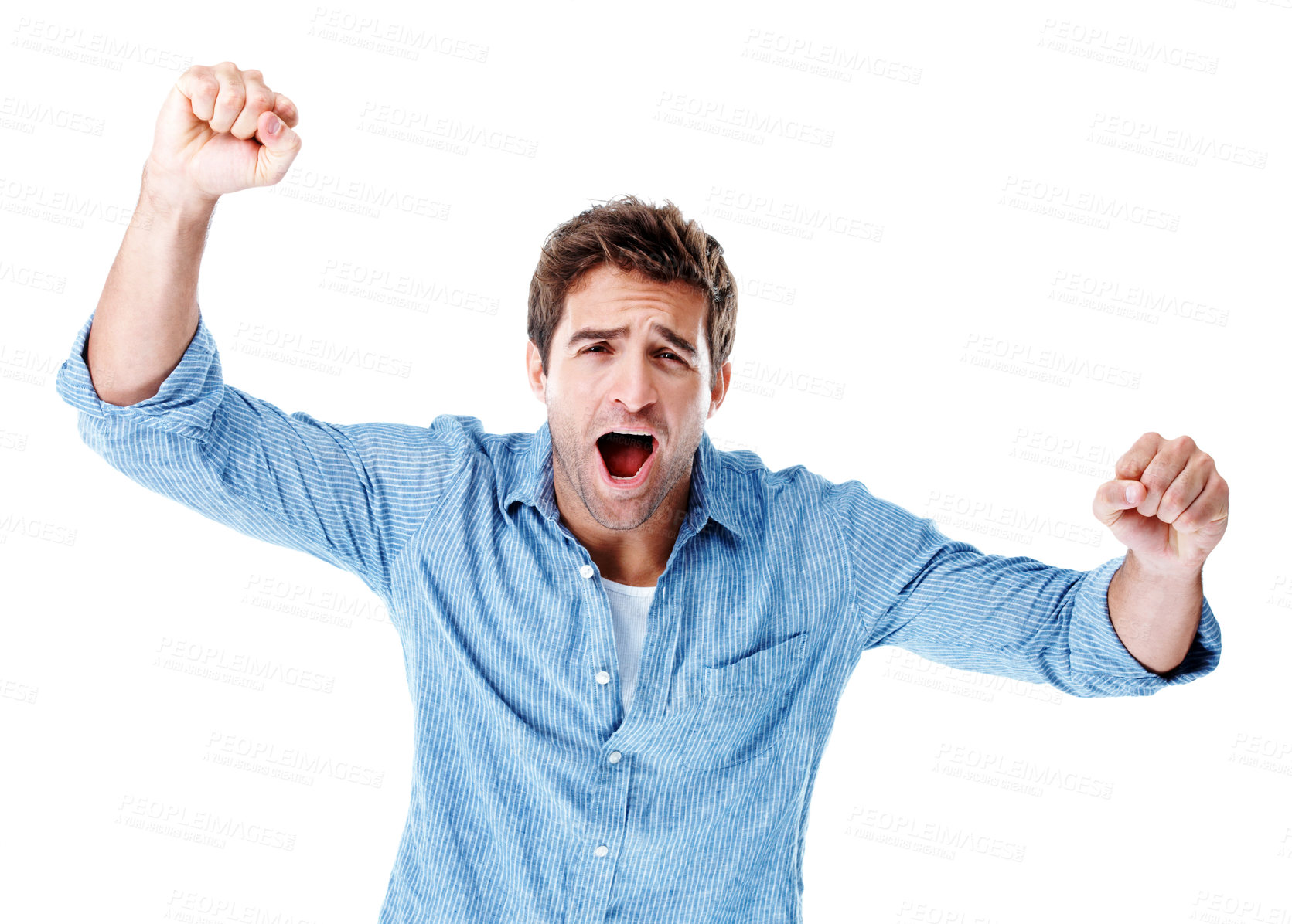 Buy stock photo Shout, portrait and man in studio with fist pump, celebration and excited for lottery success. Space, happy and person with gesture for winning, giveaway and reward for bonus on white background