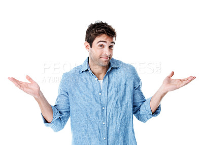 Buy stock photo Unsure, shrug and portrait of man in studio with choice, options or balance in creative career. Doubt, problem solving and designer with scale hand gesture for project on white background by space.