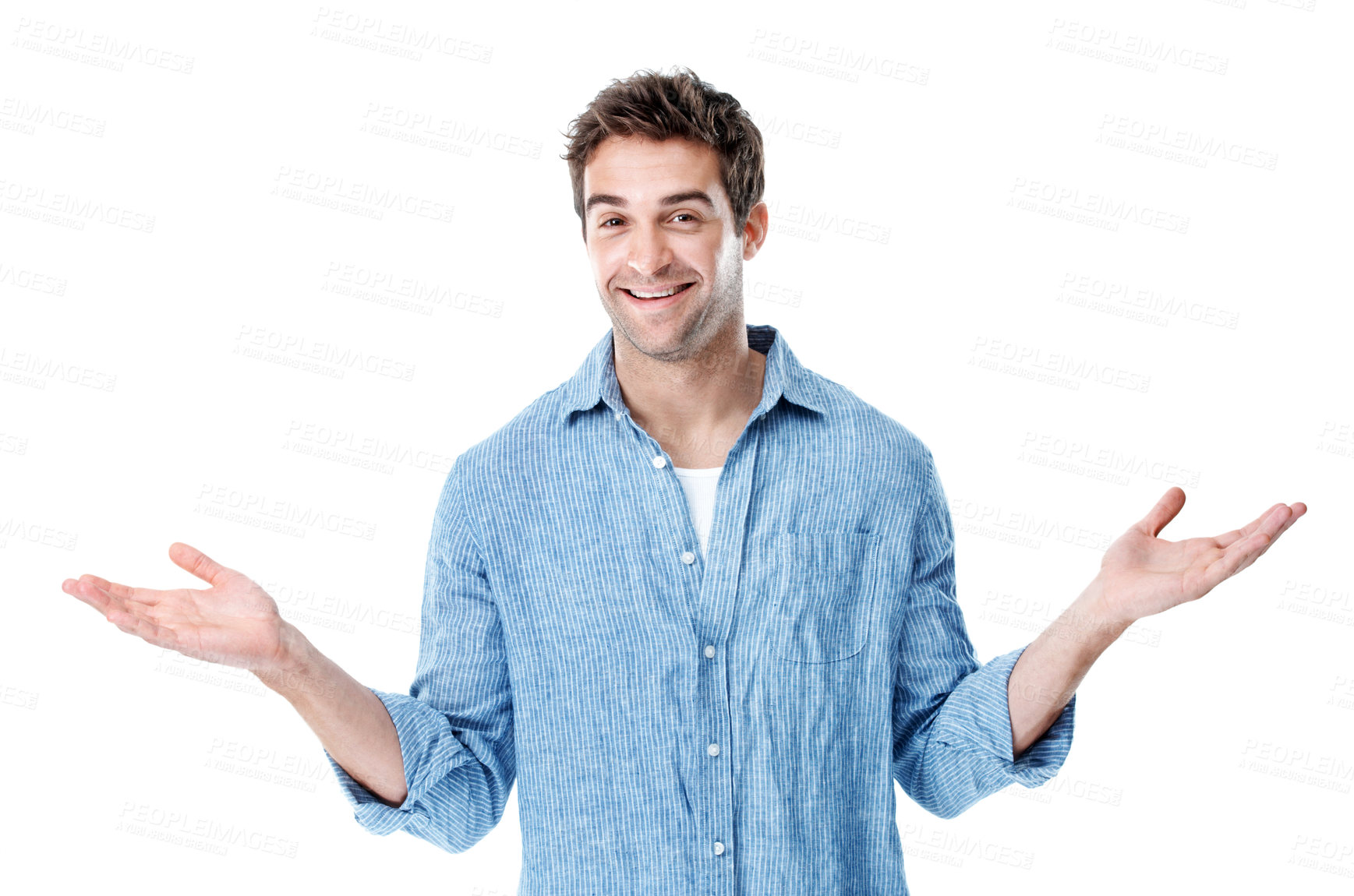 Buy stock photo Happy, shrug and portrait of man in studio with choice, options or balance in creative career. Smile, problem solving and designer with scale hand gesture for project on white background by space.