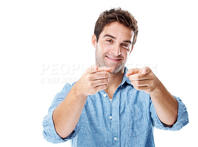 Buy stock photo Portrait, pointing or studio with happy man for pick, selection or choice on a white background. Male person, smile or choosing you with announcement, good news or attention for invite or opportunity