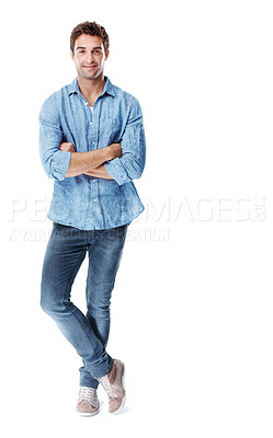 Buy stock photo Portrait, businessman and arms crossed in studio with smile, graphic designer and confidence. Person, entrepreneur and ambition for creative startup, agency or project pride on white background space