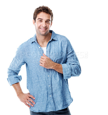 Buy stock photo Fashion, happy and portrait of man in studio with casual, cool and outfit with denim shirt. Smile, space and male person with stylish clothes for confidence or positive attitude on white background.