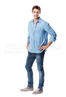 Buy stock photo Fashion, casual and portrait of man in studio with trendy, cool and outfit with shirt for confidence. Happy, pride and male person with positive attitude for stylish clothes on white background.