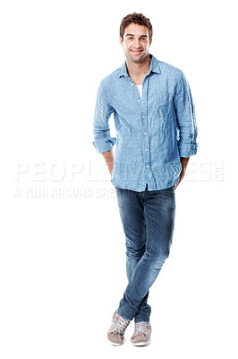 Buy stock photo Man, smile and fashion in studio with confidence, space and trendy denim on white background. Person, casual outfit and happy with jeans, pride and mock up for portrait with style in New Zealand
