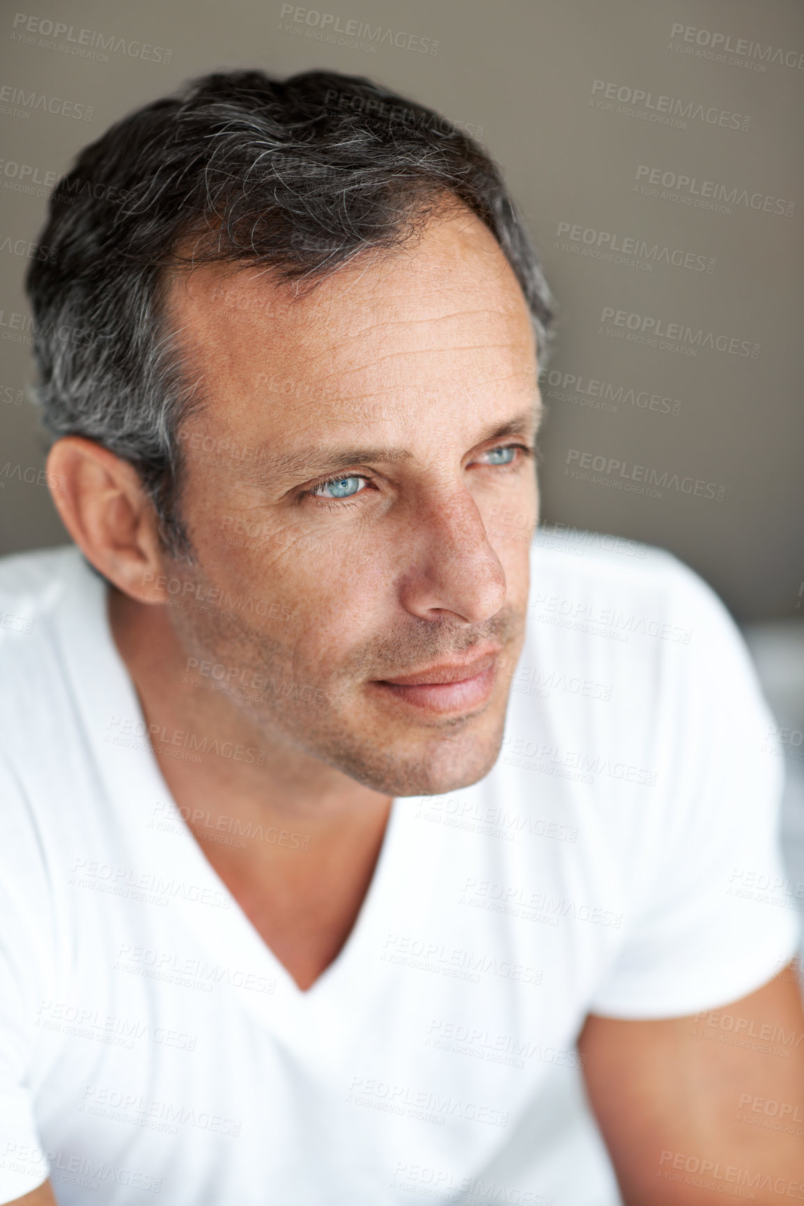 Buy stock photo Relax, thinking and future with man in home for brainstorming, vision and reflection. Problem solving, perspective and memory with mature person planning in apartment for idea, wondering and peace