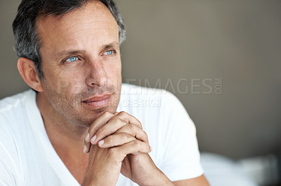 Buy stock photo Future, thinking and vision with man in home for brainstorming, relax and reflection. Problem solving, perspective and memory with mature person planning in apartment for idea, wondering and peace