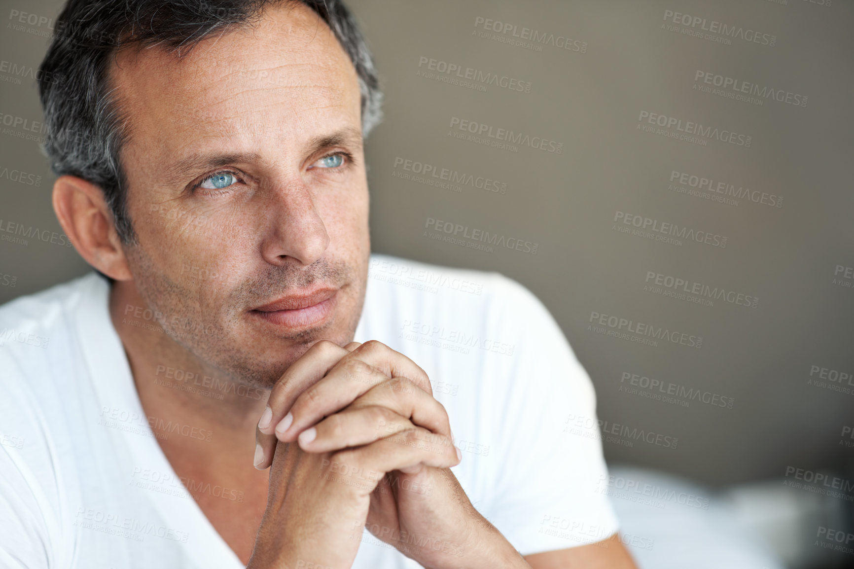 Buy stock photo Future, thinking and vision with man in home for brainstorming, relax and reflection. Problem solving, perspective and memory with mature person planning in apartment for idea, wondering and peace