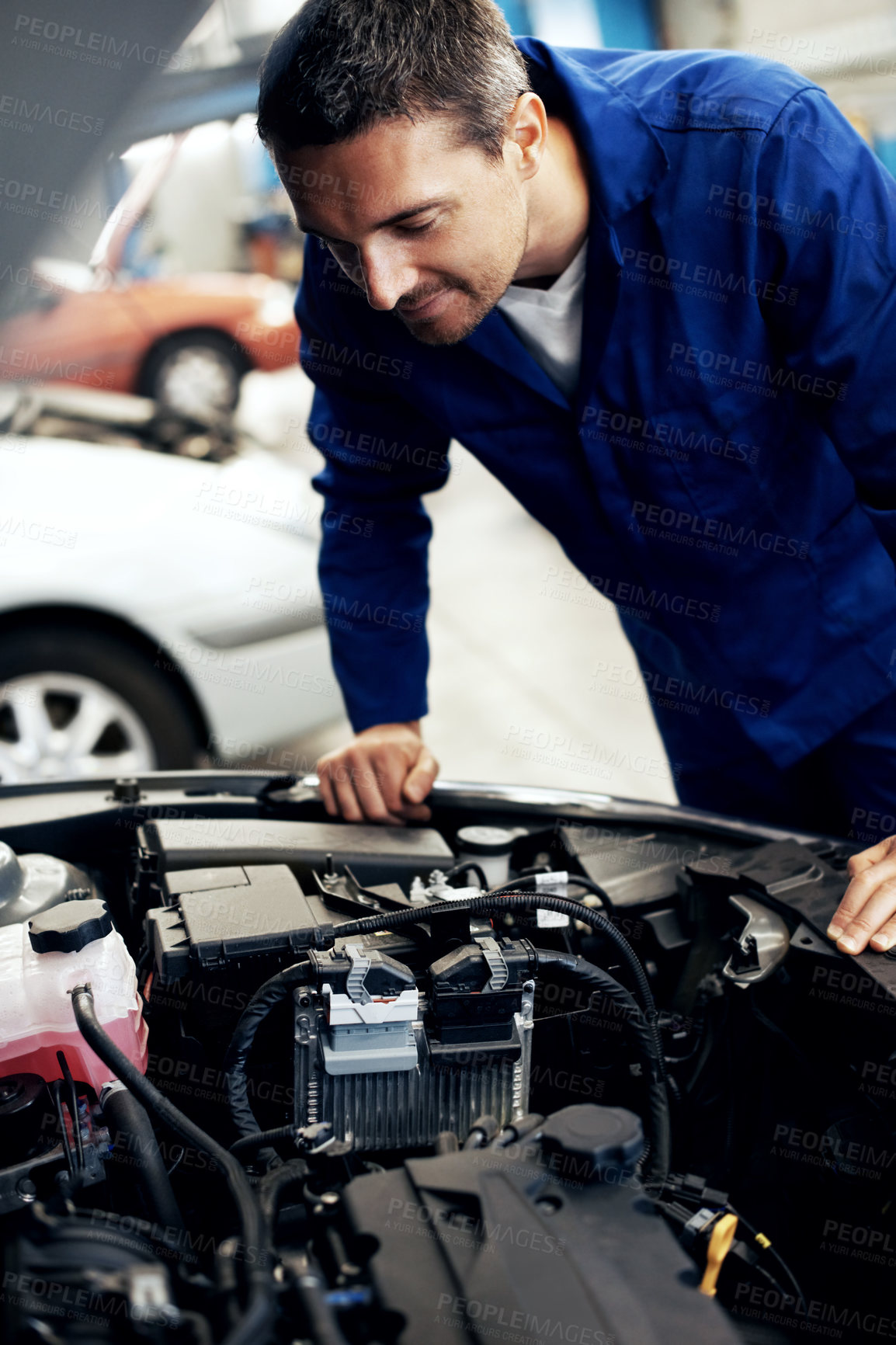 Buy stock photo Auto repair, mechanic and engine inspection in workshop for sensor diagnostics, fluid level or safety. Technician, mature man and car service for vehicle maintenance, operational check or calibration