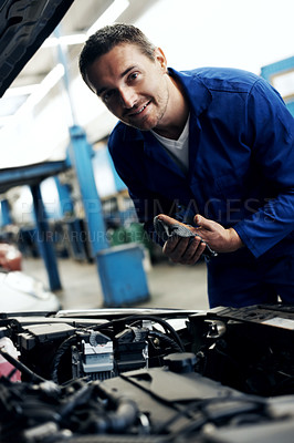 Buy stock photo Inspection, mechanic or cleaning hands at car for auto repair, oil change or done with maintenance. Cloth, mature man and happy portrait in garage for vehicle service, engine grease and calibration