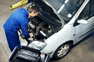 Buy stock photo Workshop, inspection and mechanic with car for engine repair, diagnostics or maintenance for auto service. Garage, above and man with equipment for fixing, calibration and replacement for vehicle