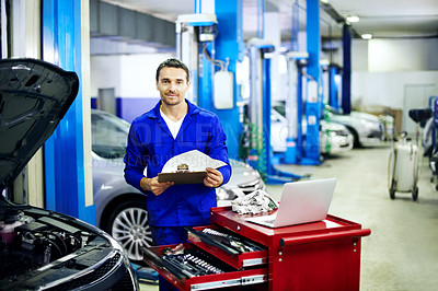 Buy stock photo Inspection, portrait or car mechanic in shop with clipboard, quality control or review notes in evaluation. Checklist, man or repairman with tech, vehicle diagnostic or assessment in auto service.
