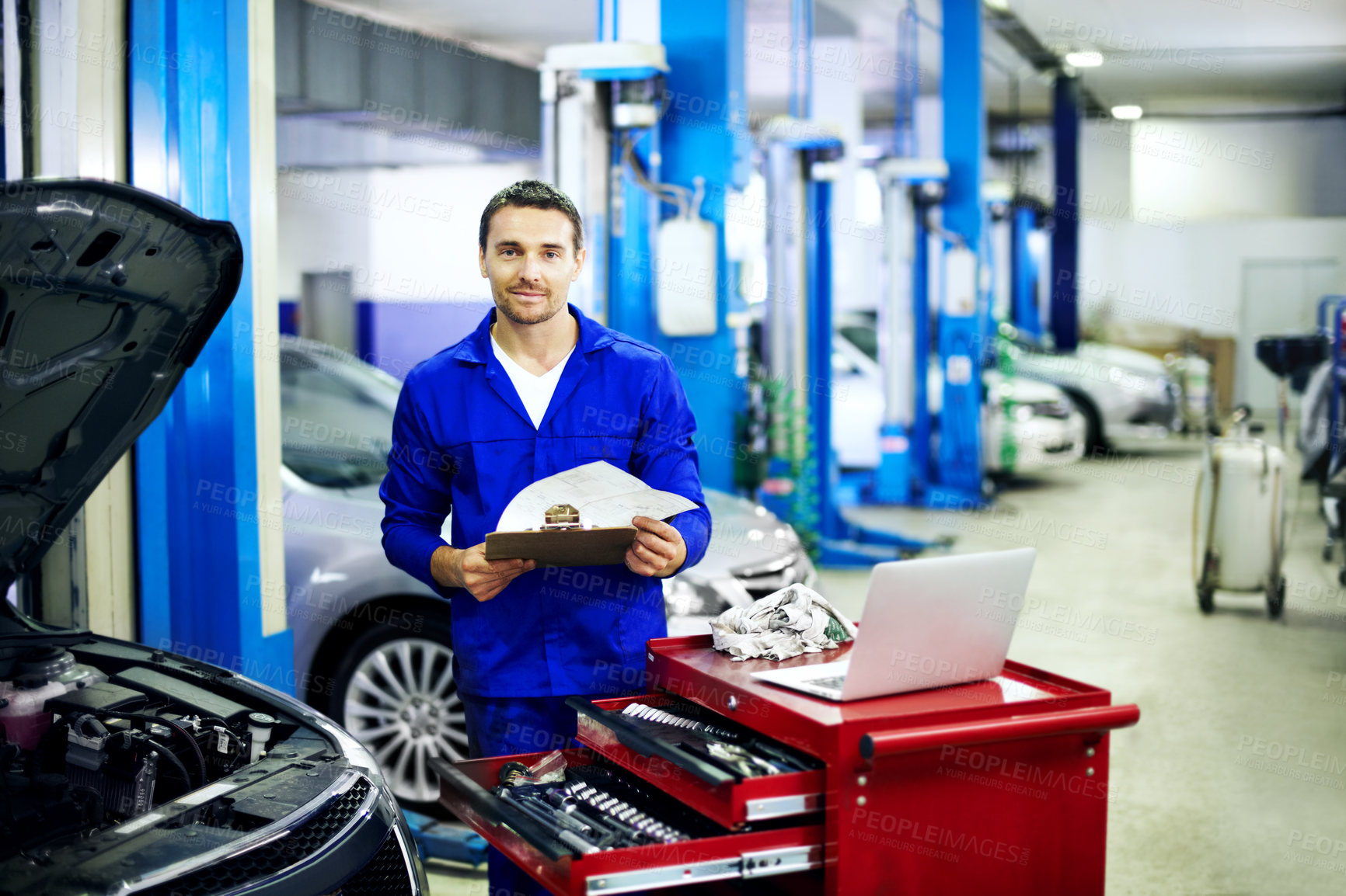 Buy stock photo Inspection, portrait or car mechanic in shop with clipboard, quality control or review notes in evaluation. Checklist, man or repairman with tech, vehicle diagnostic or assessment in auto service.