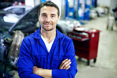 Buy stock photo Portrait, mechanic and man with arms crossed in workshop, inspection and service for vehicle repair. Smile, male person or leadership in garage with technician, automotive maintenance and diagnostics