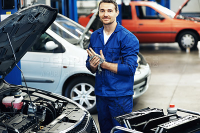 Buy stock photo Mechanic, happy and portrait with man and car for motor oil change, engine inspection and auto repair. Brake fluid check, transmission maintenance and transport diagnostics with person in garage