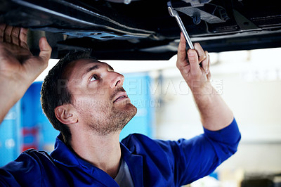 Buy stock photo Wrench, mechanic and man with car for repair, fix and performance calibration at workshop. Tools, auto technician and person with vehicle for service, motor inspection or maintenance at garage
