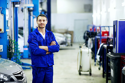 Buy stock photo Arms crossed, portrait and space with mechanic in garage for automobile maintenance or repair. Car, service and transport with engineer man in vehicle workshop for professional check or inspection