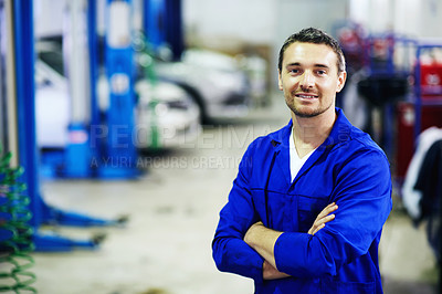 Buy stock photo Portrait, smile and mechanic in garage with arms crossed, expert and pride for engineering career. Man, confident and workshop for car repair, maintenance and auto or vehicle service specialist