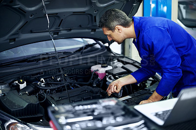 Buy stock photo Man, mechanic or inspection at car for repair, maintenance check or quality assurance in garage. Engineer, tools or working in workshop for vehicle service, engine evaluation or roadworthy compliance