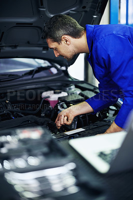 Buy stock photo Man, mechanic and inspection at car for maintenance, engine diagnostics and repair service in garage. Employee, tools and vehicle in workshop for fixing, calibration and mechanical evaluation