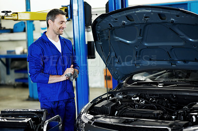Buy stock photo Mechanic, car and smile with man in workshop for motor oil change, engine inspection and auto repair. Brake fluid check, transmission maintenance and transport diagnostics with person in garage