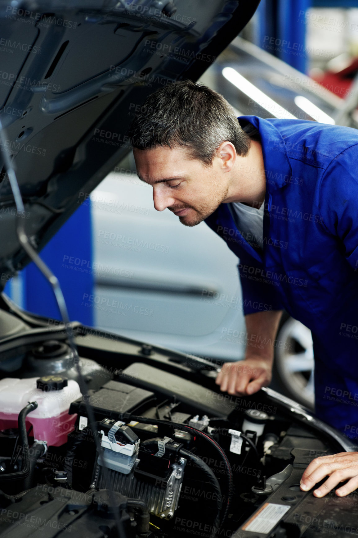 Buy stock photo Mechanic, car and check with man in workshop for motor oil change, engine inspection and auto repair. Brake fluid test, transmission maintenance and transport diagnostics with person in garage