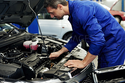 Buy stock photo Mechanic, car and inspection with man in workshop for motor oil change, engine test and auto repair. Brake fluid check, transmission maintenance and transport diagnostics with person in garage