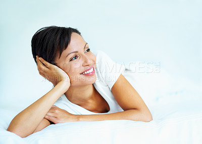 Buy stock photo Morning, smile and thinking with woman on bed in home for inspiration, nostalgia or reflection. Comfortable, space and vision with happy person in bedroom of apartment for break, me time or relax