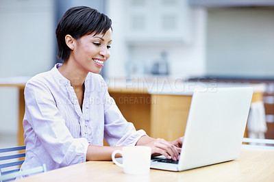 Buy stock photo Business, review or woman in office with laptop, investment research or good news on pitch report. Happy, digital or finance consultant with tech, budget approval or feedback on funding proposal.
