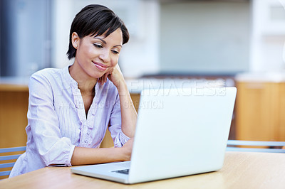 Buy stock photo Business, finance and laptop with woman in office for digital planning, research or schedule. Computer, reading and smile with happy employee in financial workplace for wealth management report