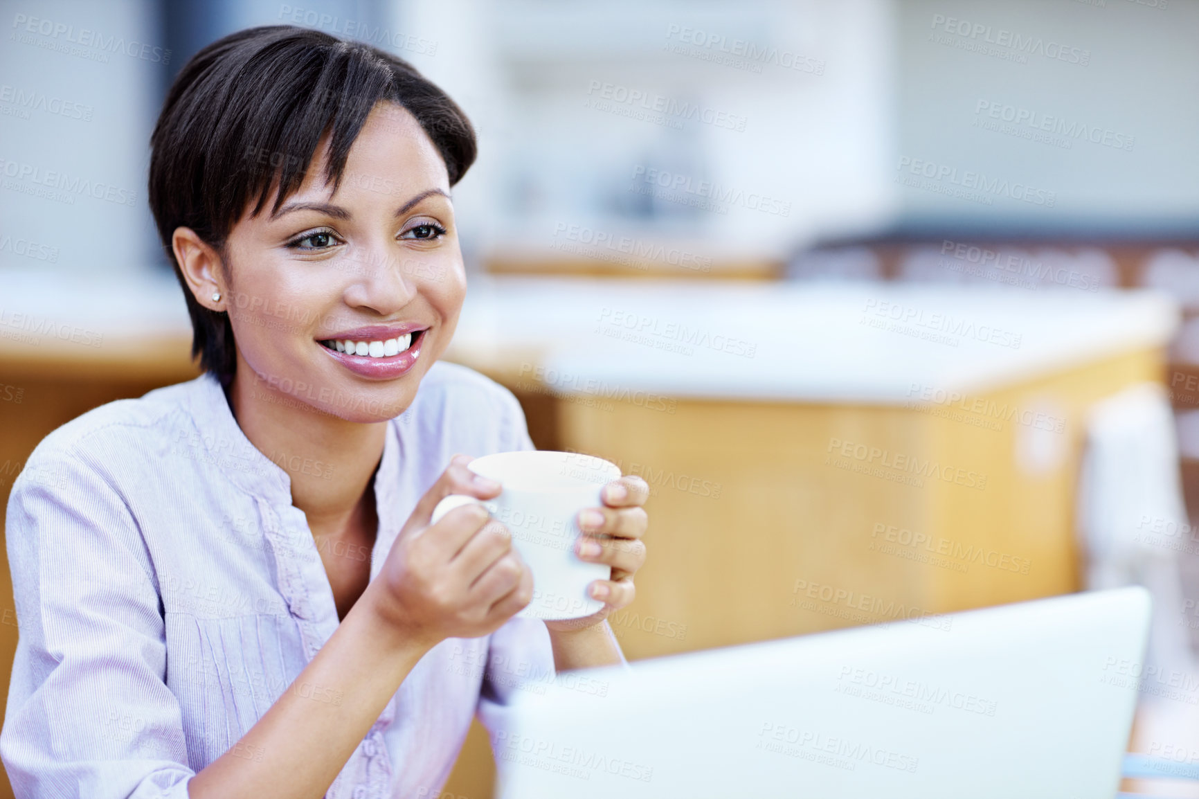 Buy stock photo Thinking, smile or woman in office with coffee break, mindfulness or inspiration for career growth. Happy, tech or employee with warm beverage, perspective or daydreaming on professional development.