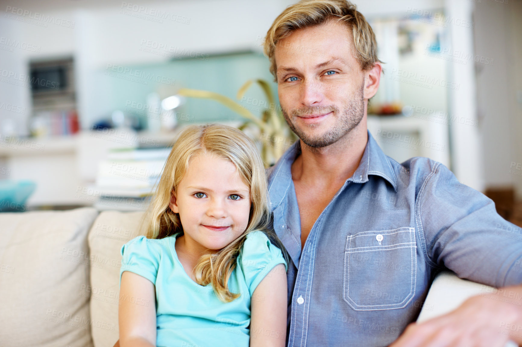 Buy stock photo Break, daughter and portrait of dad on sofa in living room of home for love, support or wellness. Bonding, comfortable or girl child with happy single father in apartment together for family security