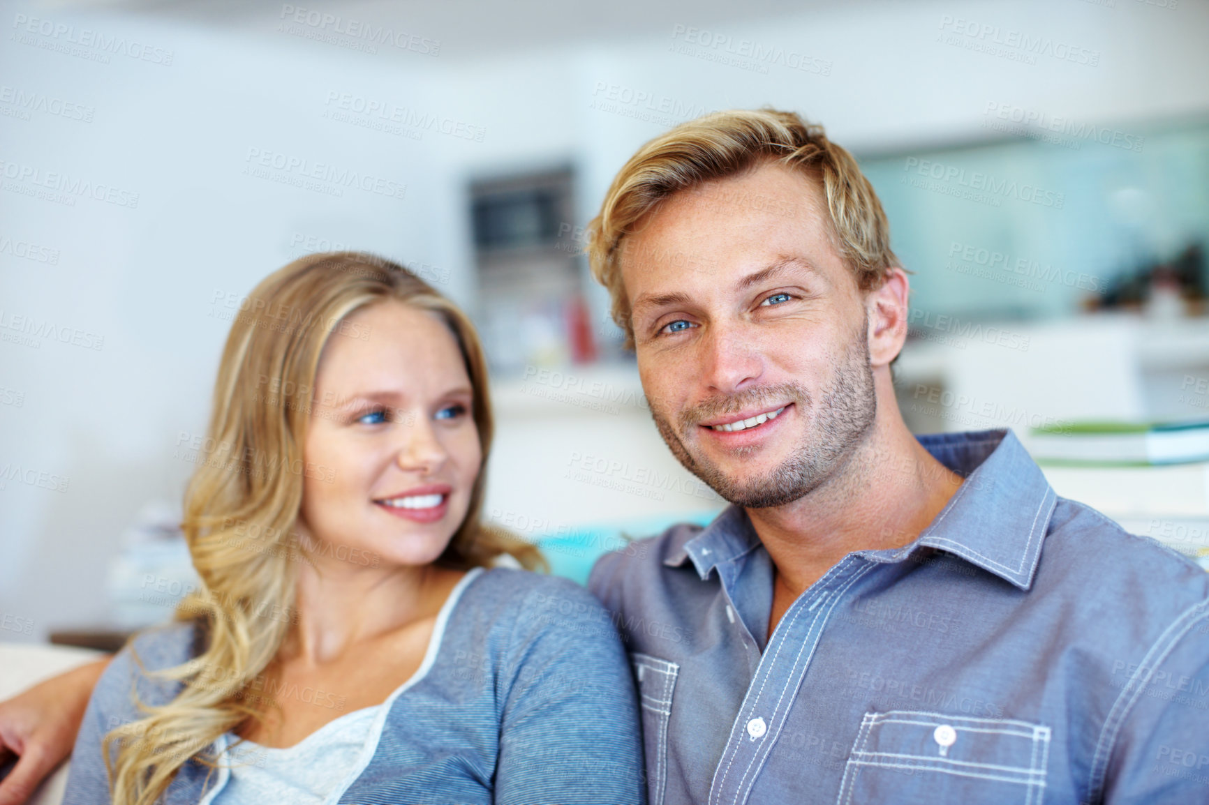 Buy stock photo Happy, couple and bonding in living room with love, support and peace for connection on weekend break. Portrait, people dating and smile in house with romantic relationship, loyalty and commitment.