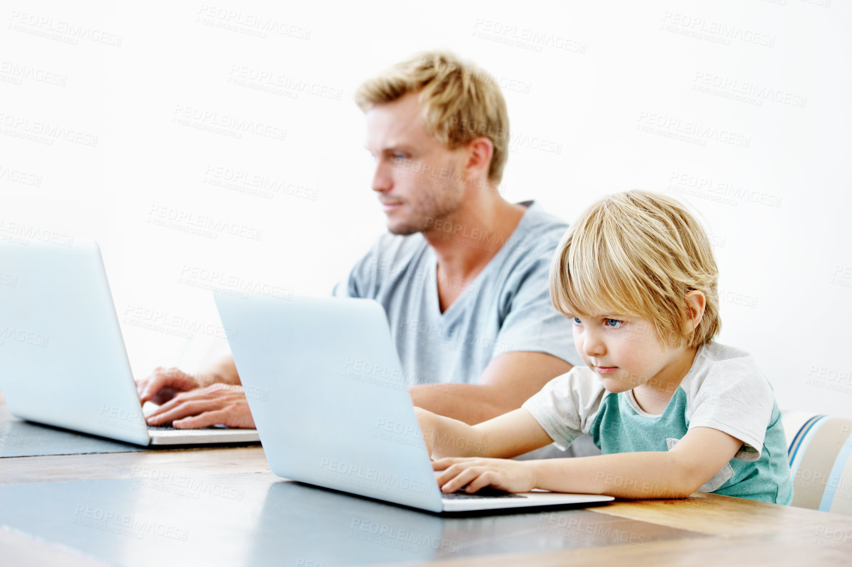 Buy stock photo Laptop, freelancer and help with father and child in home for support, research and teaching portal. Remote work, online project and elearning website with man and kid in family house for typing