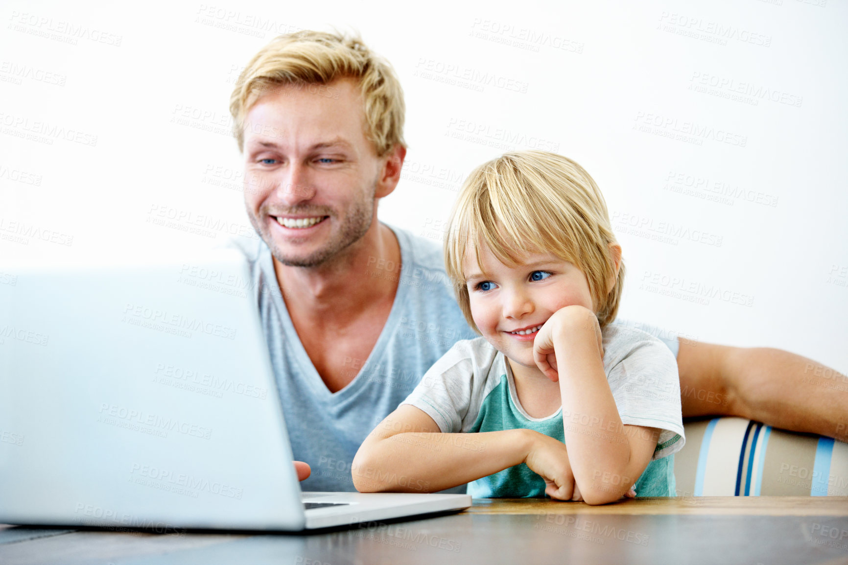 Buy stock photo Smile, laptop and search with father and child for education, support and kindergarten project. Learning, knowledge and pre school prep with man and boy in family home for online tutor and help
