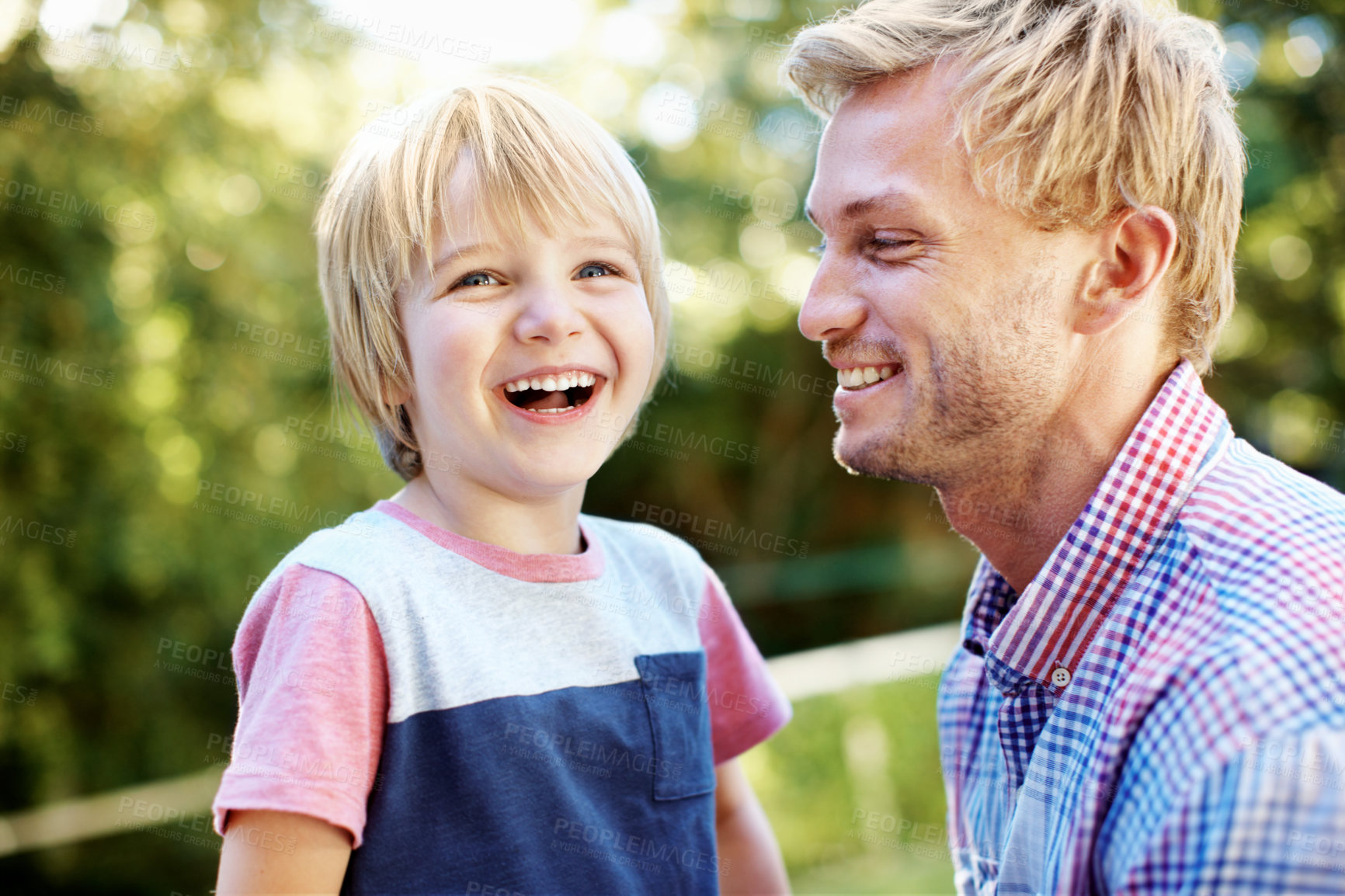 Buy stock photo Smile, love and funny with father and son outdoor for bonding, support or connection. Security, happiness and laugh with man and child in backyard of home for care and family vacation together