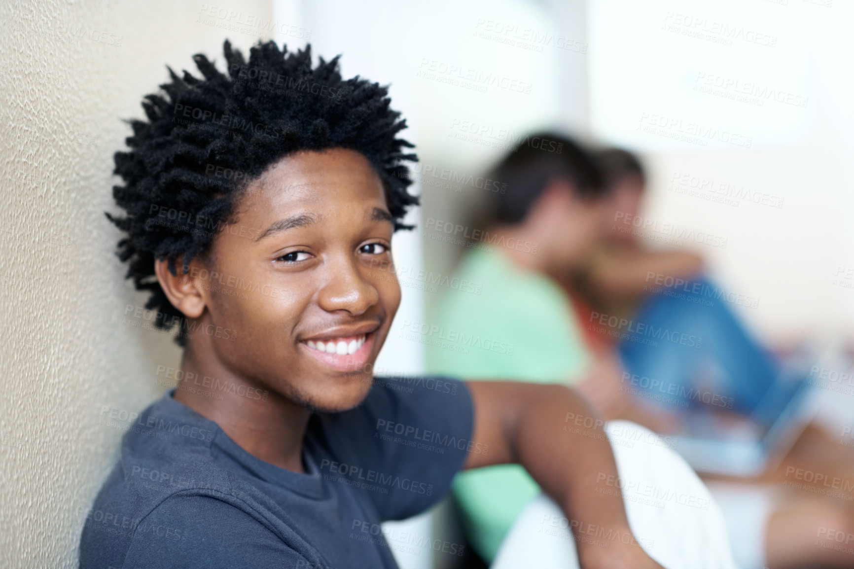 Buy stock photo Portrait, break or boy in high school with pride, knowledge or scholarship in academic development. Education, gen z or student in hallway with confidence, ambition or growth in learning opportunity
