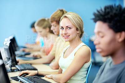 Buy stock photo Computer, education and portrait with girl in classroom for learning, lecture or IT lesson. Teenager, high school and technology with students for programming class, online assessment or project