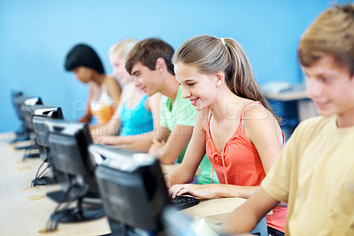 Buy stock photo Computer, education and smile with students in classroom for learning, lecture or IT lesson. Teenager, high school and technology with people for programming class, online assessment or project