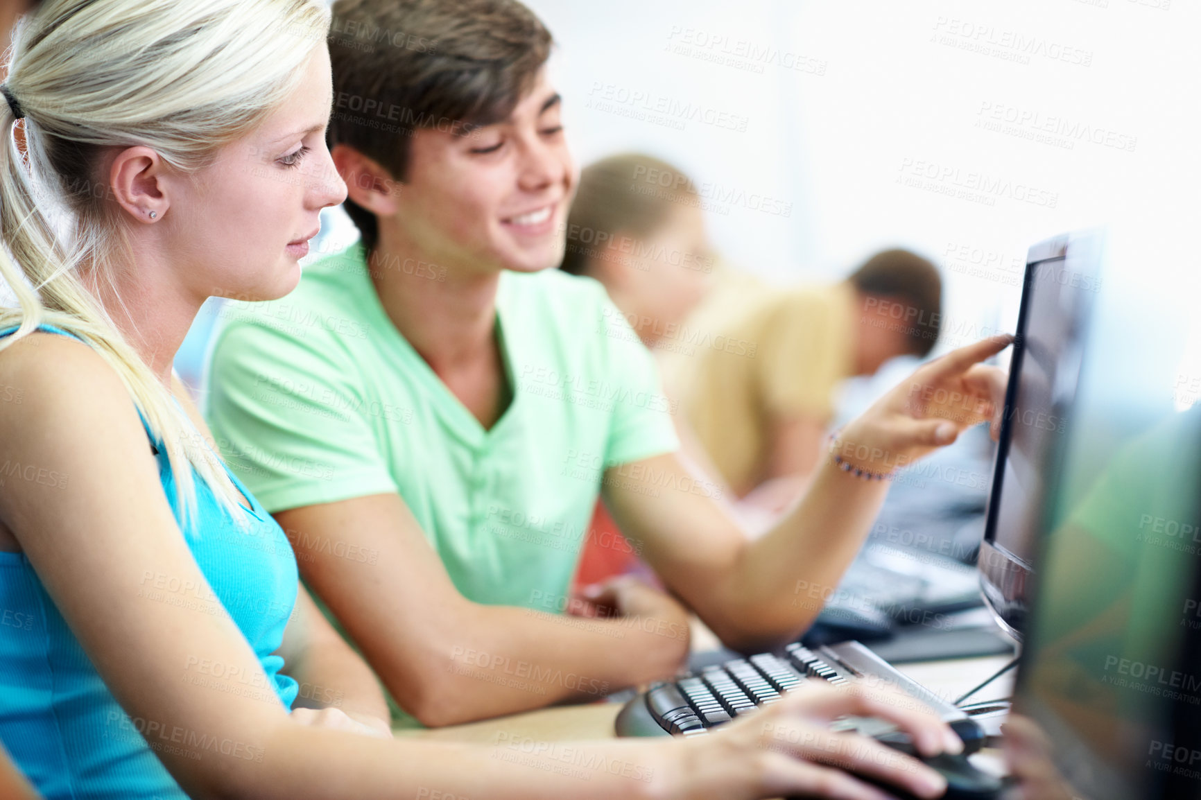 Buy stock photo Learning, help and teen with computer at class with friends for knowledge, IT research or advice. Happy boy, girl and education with desktop in high school, development or software with students