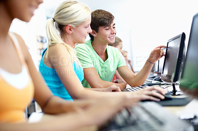 Buy stock photo Learning, friends and teens with computer at high school for knowledge, assignment research or advice. Happy boy, girl and education with desktop for class project, development or help with students
