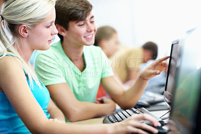 Buy stock photo Computer, learning and conversation with students in classroom for education, lecture or IT lesson. Teenager, high school and tech help with people for programming class, online assessment or project