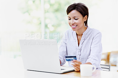 Buy stock photo Laptop, credit card and woman at desk for ecommerce, smile for deal or payment with discount. Internet banking, online shopping and person happy for webshop sale, fintech or transaction at house