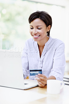 Buy stock photo Laptop, credit card and woman at desk for payment, smile for deal or ecommerce with discount. Internet banking, online shopping and person happy for webshop sale, fintech or transaction at house