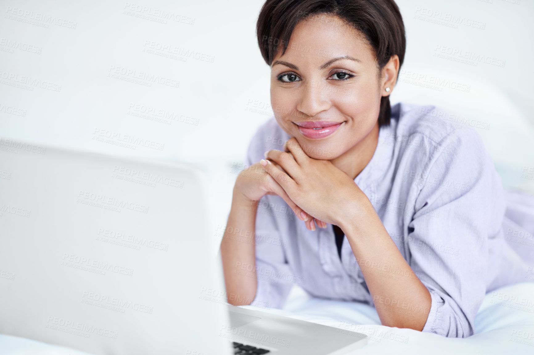 Buy stock photo Smile, relax and woman in bedroom with laptop, streaming and movie research for weekend break. Portrait, female person and rest at house with tech, browsing website and download film for subscription