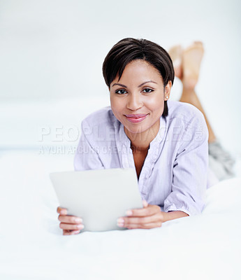 Buy stock photo Happy, rest and woman in bedroom with tablet, streaming and movie research for weekend break. Space, female person and portrait at house with tech, browsing website and download film for subscription