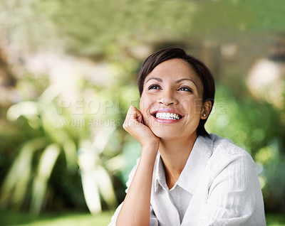 Buy stock photo Thinking, woman and relax at park with smile, peace and daydreaming for summer holiday. Happy, female person and vision outdoor with positive attitude, calm morning and reflection at vacation getaway