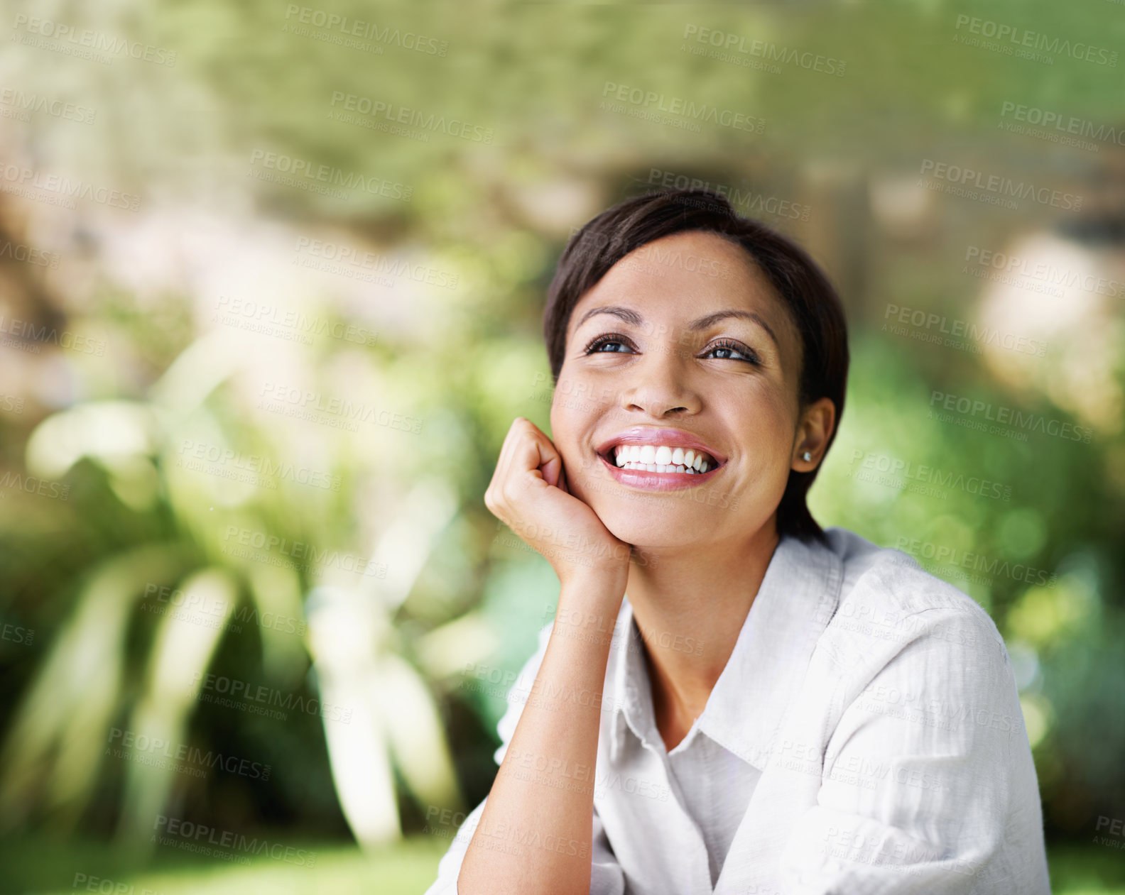 Buy stock photo Thinking, woman and relax at park with smile, peace and daydreaming for summer holiday. Happy, female person and vision outdoor with positive attitude, calm morning and reflection at vacation getaway