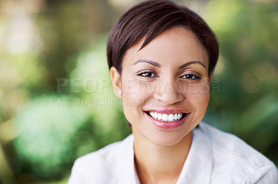 Buy stock photo Happy, woman and relax at park with portrait, peace and comfortable for summer holiday. Smile, female person and chilling in nature with positive attitude, calm morning and unwind at vacation getaway